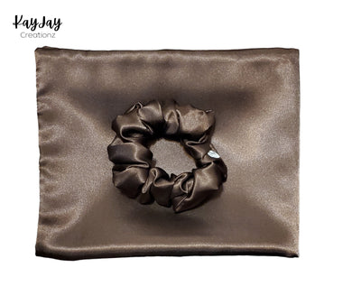 BROWN Luxury Satin Pillowcase and Matching Scrunchie Set for Hair & Skin| Envelope Closure in sizes Standard/Queen/King| Handmade Gift