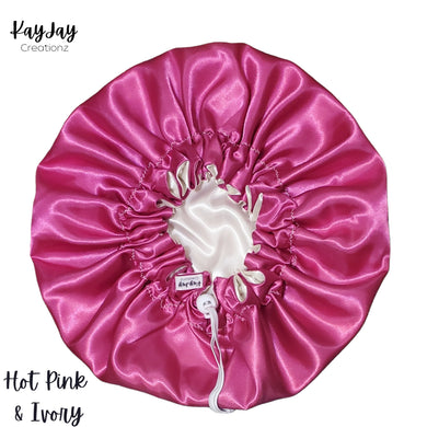 Hot Pink & Ivory Adult Silk Satin Bonnets| Double-Layered Reversible and Adjustable Satin Bonnets | Silk Satin Sleep Caps