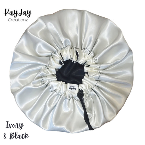 Ivory & Black Silk Satin Bonnet|Double-Layered Reversible and Adjustable Satin Bonnets | Adult Sizes Small - X-Large