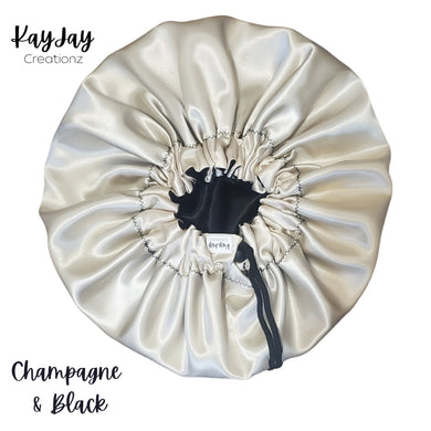 Champagne & Black Silk Satin Bonnet|Double-Layered Reversible and Adjustable Satin Bonnets | Adult Sizes Small - X-Large