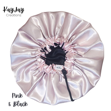 Light Pink & Black Silk Satin Bonnet| Double-Layered Reversible and Adjustable Satin Bonnets | Adult Sizes Small - X-Large