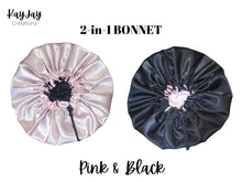 Load image into Gallery viewer, Light Pink &amp; Black Silk Satin Bonnet| Double-Layered Reversible and Adjustable Satin Bonnets | Adult Sizes Small - X-Large
