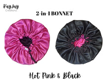 Load image into Gallery viewer, Hot Pink &amp; Black Adult Silk Satin Bonnet | Double-Layered Reversible and Adjustable Satin Bonnet | Silk Satin Sleep Cap
